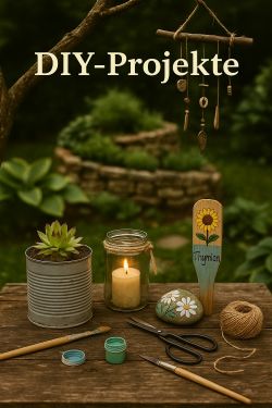 Selbstgemachte Gartendeko auf Holztisch