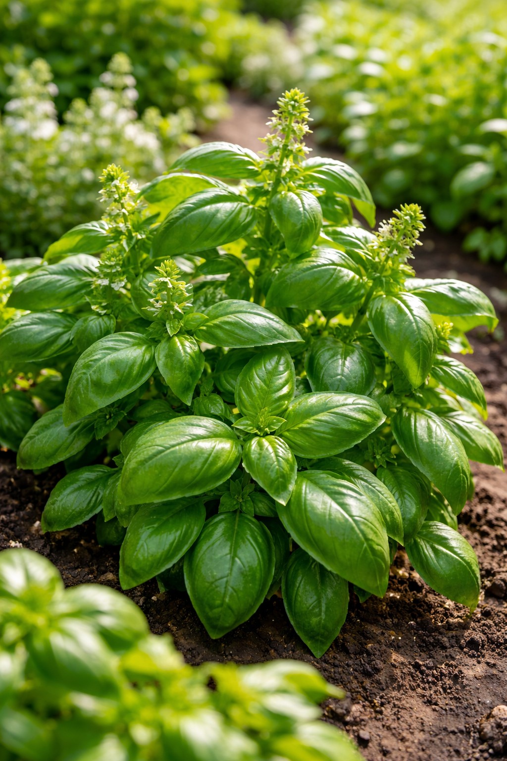 Frisches Basilikum mit grünen Blättern im Gartenbeet