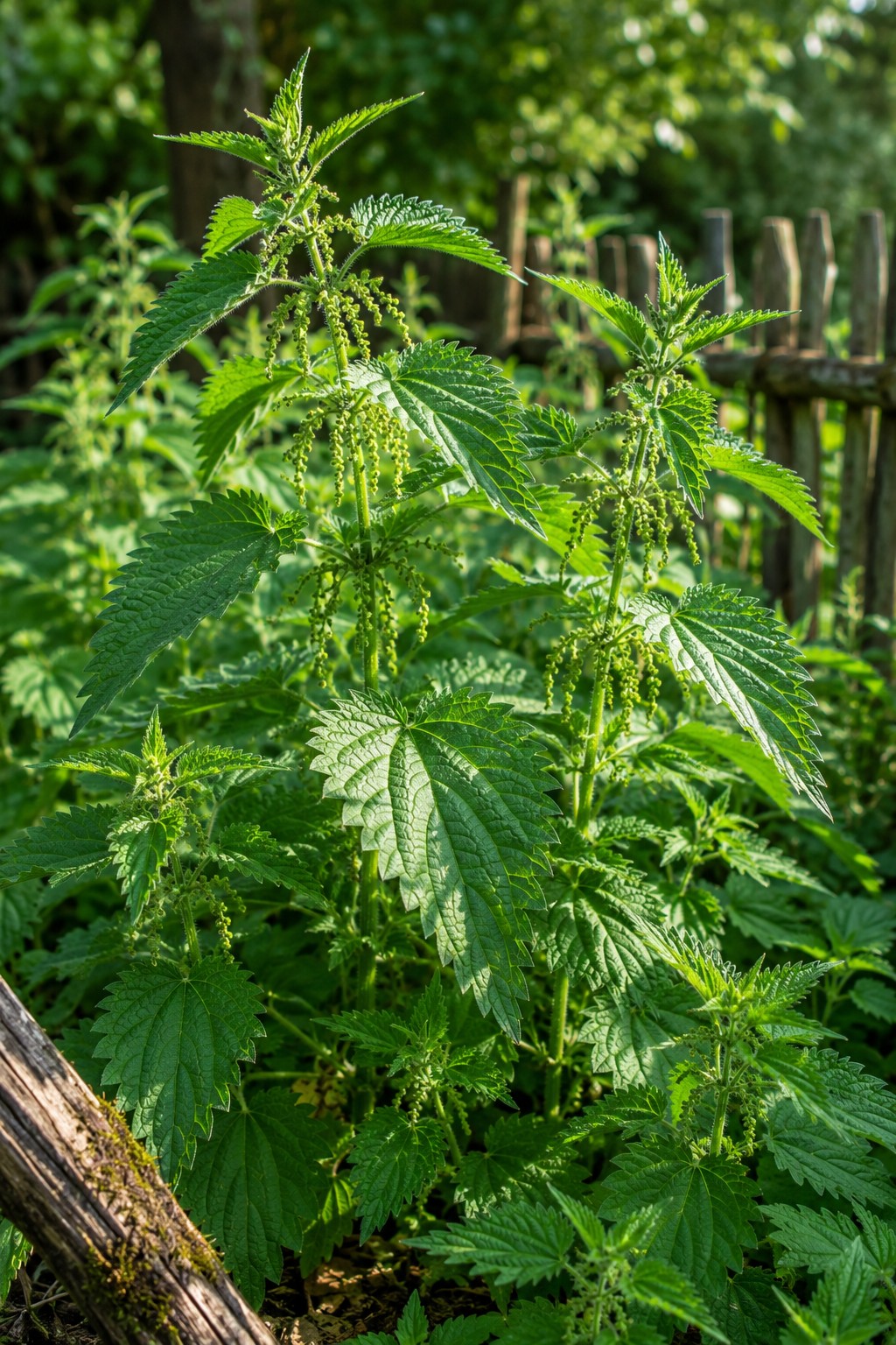 Frische Brennnesseln wachsen an einem sonnigen Gartenrand