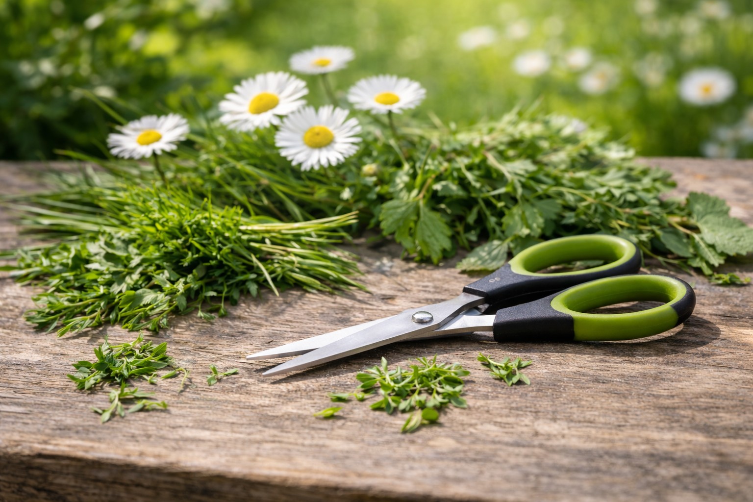 Kräuterschere auf einem Gartentisch
