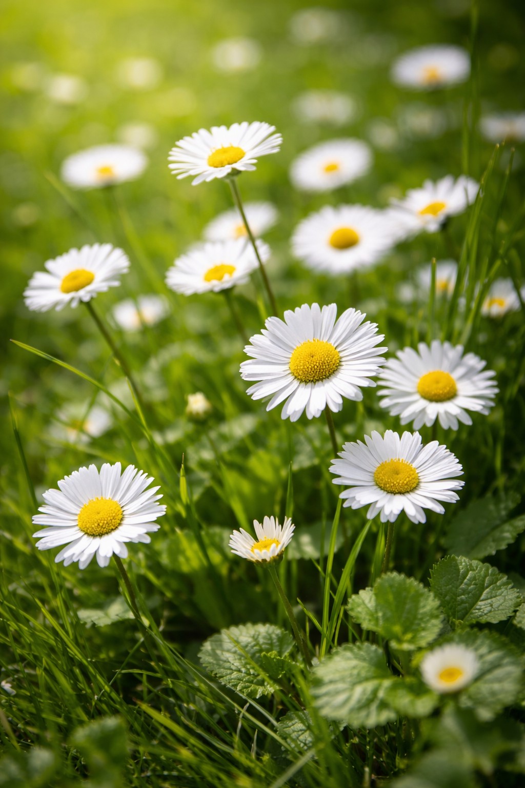 Weiße Gänseblümchen mit gelber Mitte auf einer Wiese im Garten