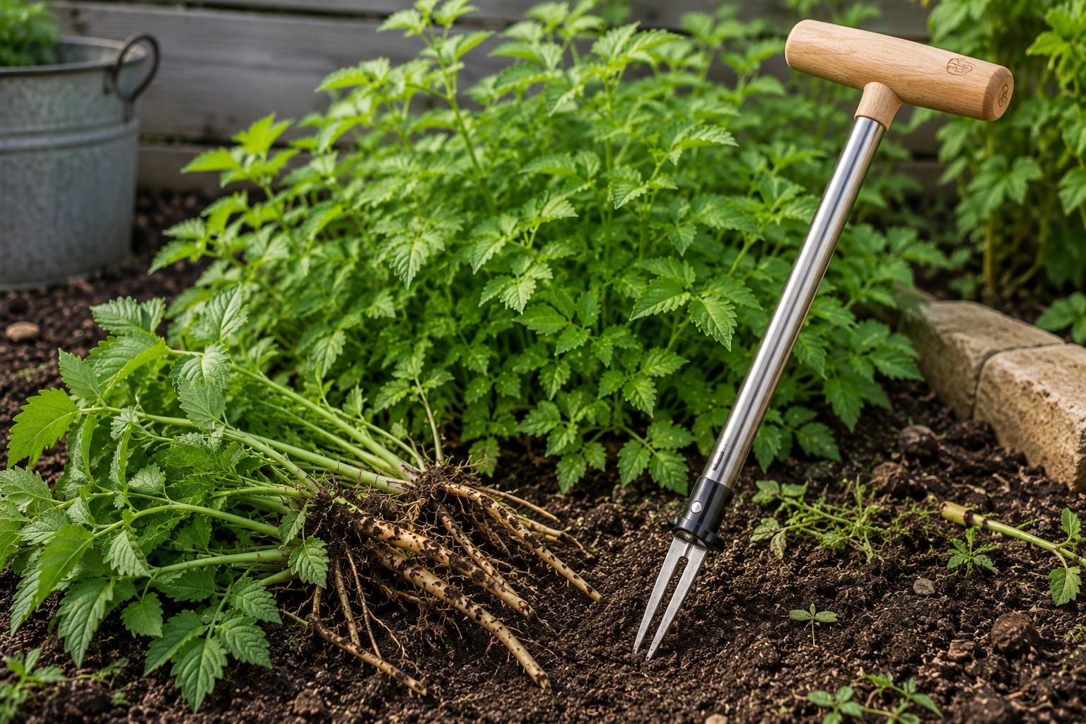 Unkrautstecher neben ausgerissenen Wurzelunkräutern im Garten