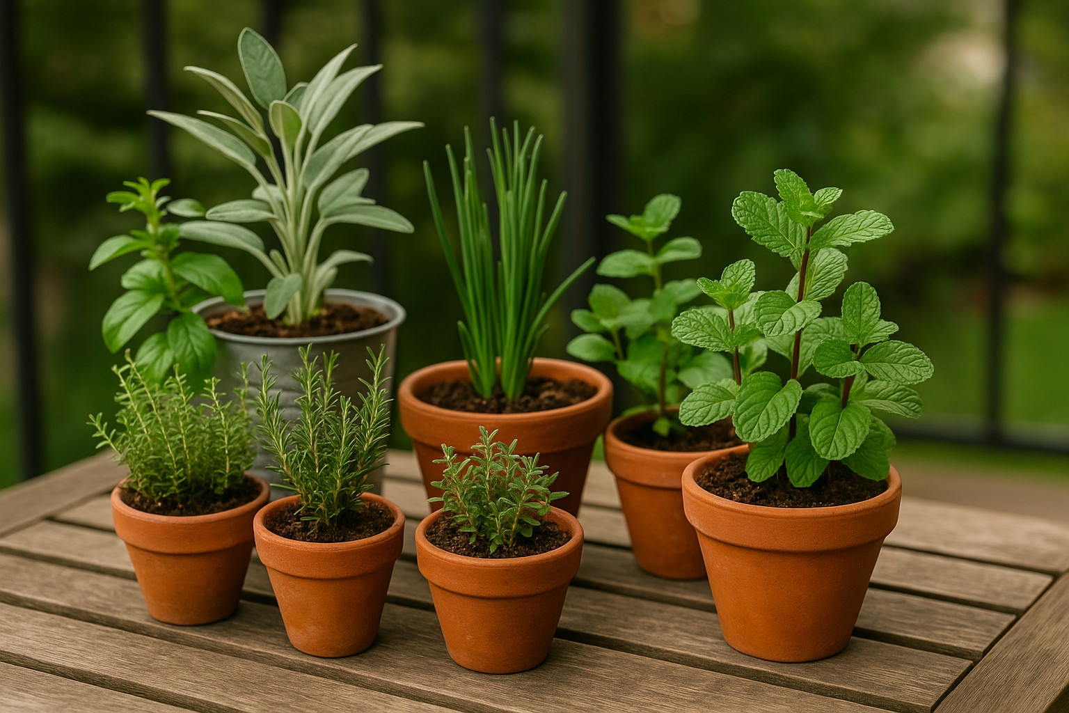 Kräutertöpfe aus Ton und Zink auf einem Gartentisch
