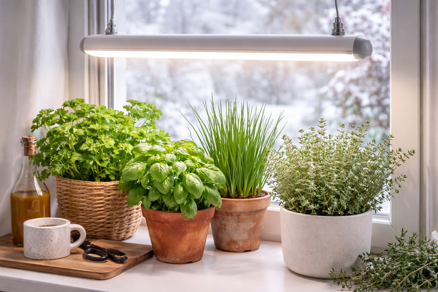 Pflanzenlampe über Kräutern auf einer Fensterbank