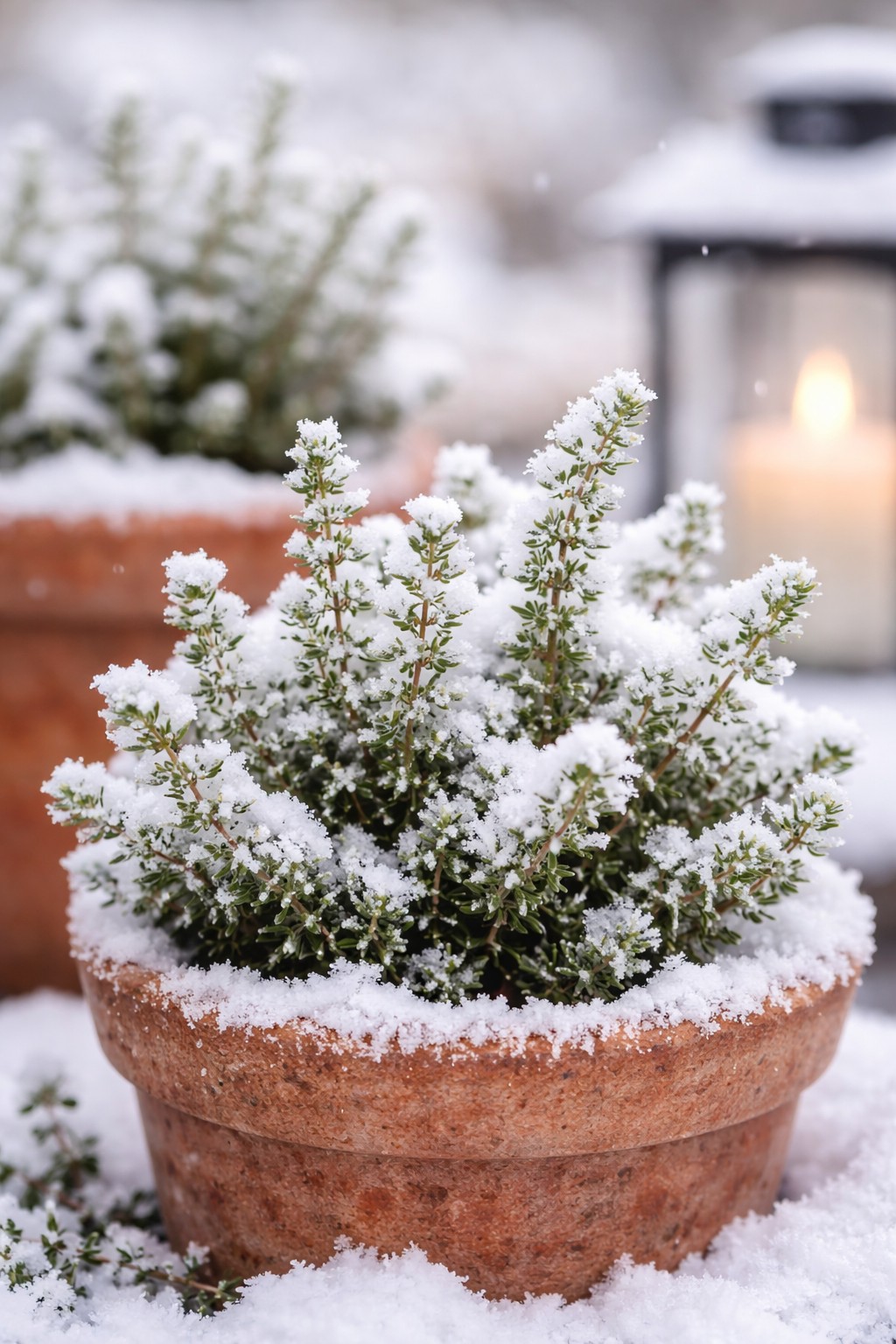 Winterliche Kräuter in Töpfen im Garten und auf der Fensterbank