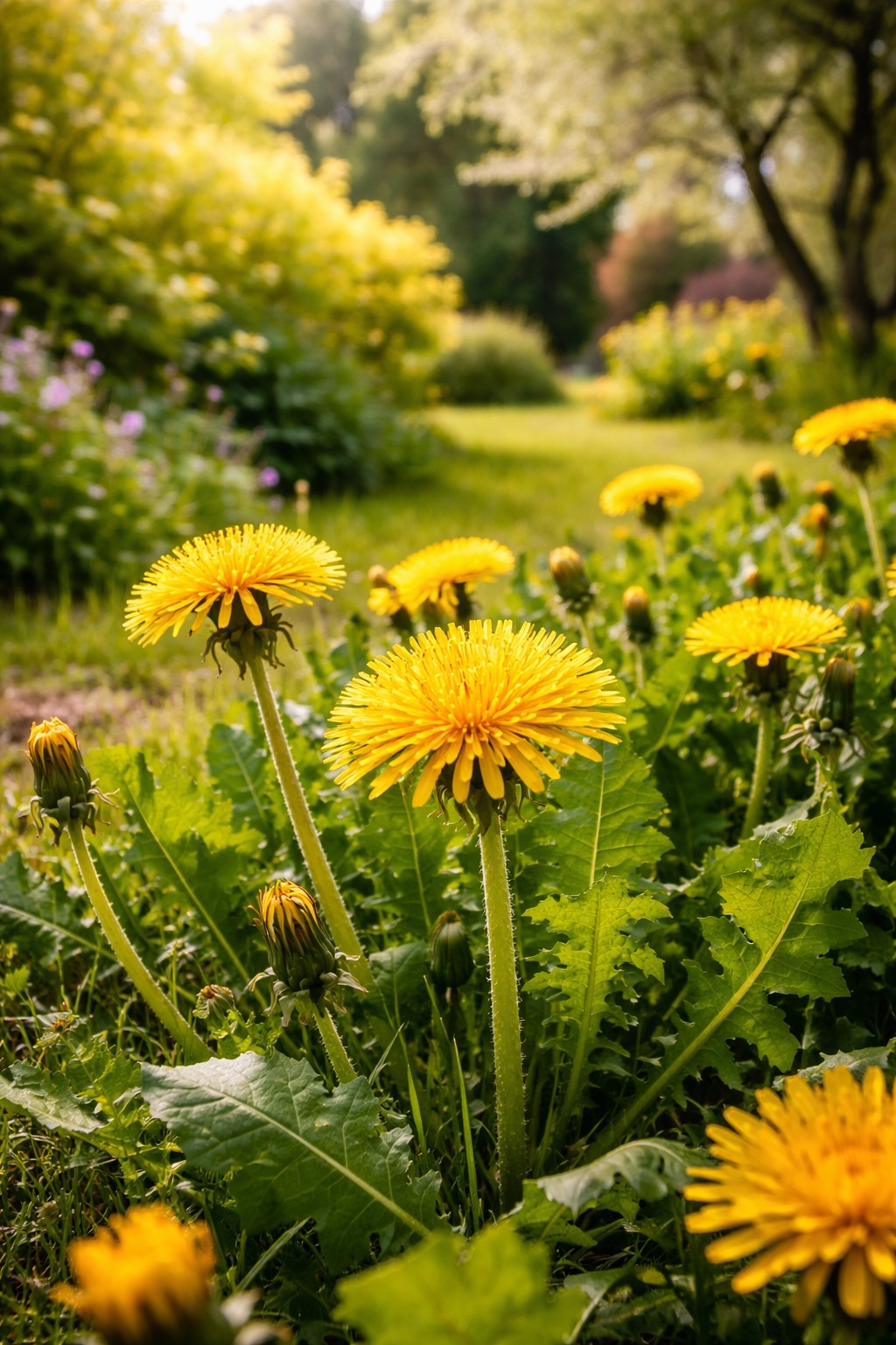 Blühender Löwenzahn auf einer Frühlingswiese im Garten