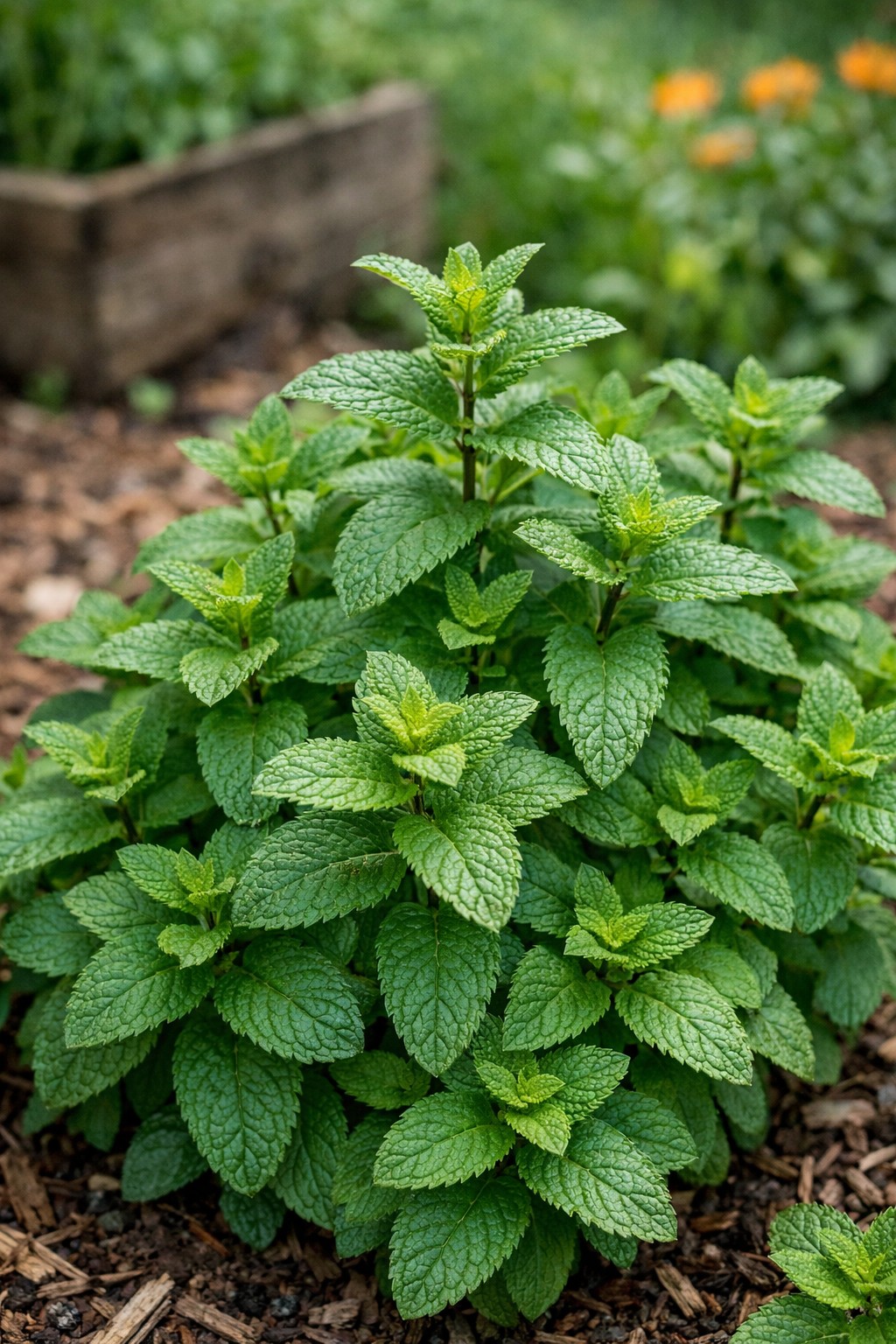 Frische grüne Minze im Gartenbeet mit dichter Blattstruktur