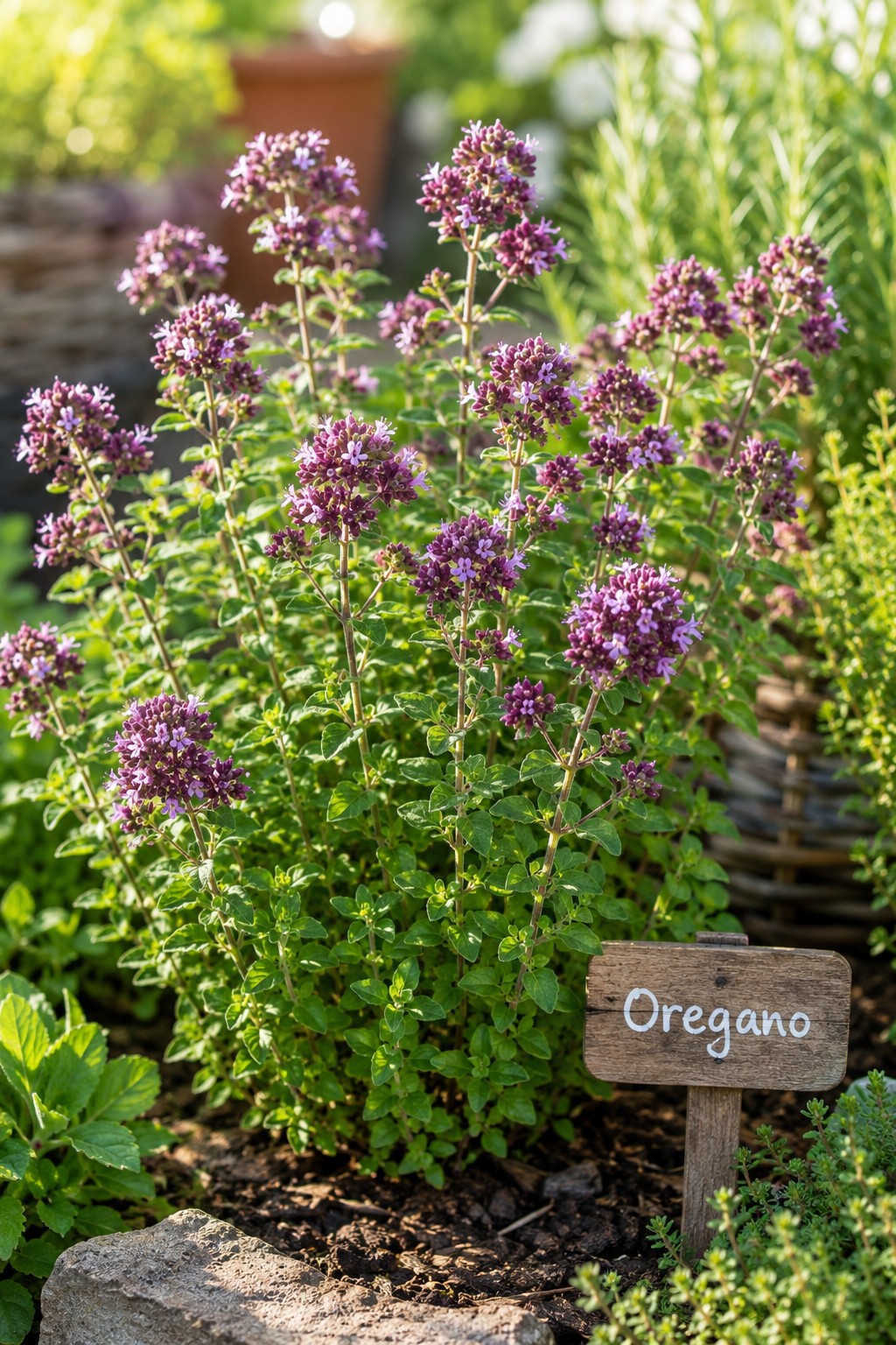 Blühender Oregano im Kräuterbeet mit zahlreichen violetten Blüten