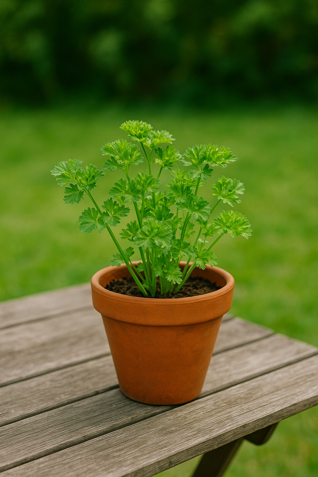 Frische Petersilie im Topf auf einem Gartentisch