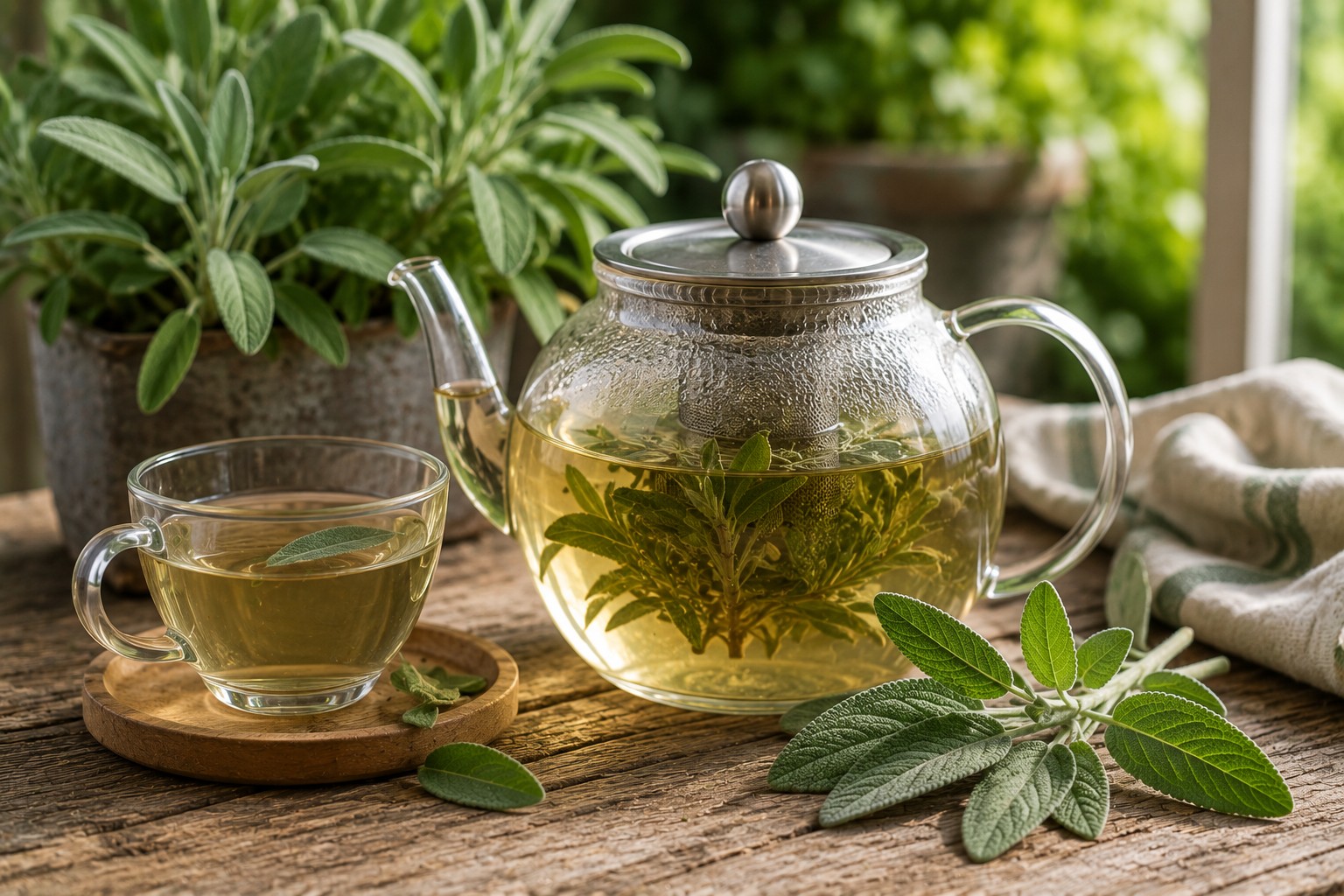 Gläserne Teekanne mit frischem Kräutertee und Salbei