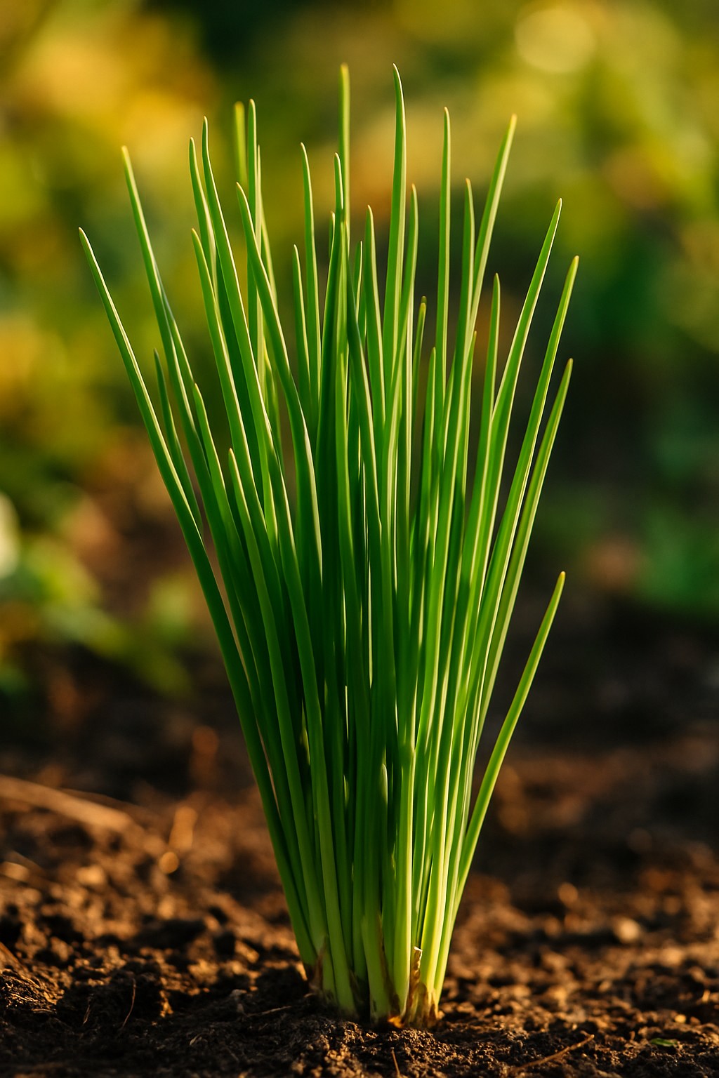 Frischer Schnittlauch im Garten, grüne Röhrenblätter im Sonnenlicht
