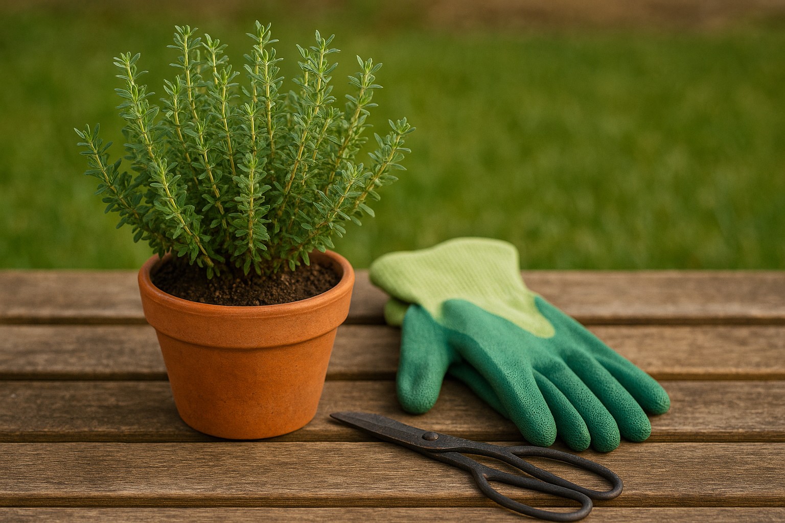Topf mit buschigem Thymian neben kleinen Gartenhandschuhen
