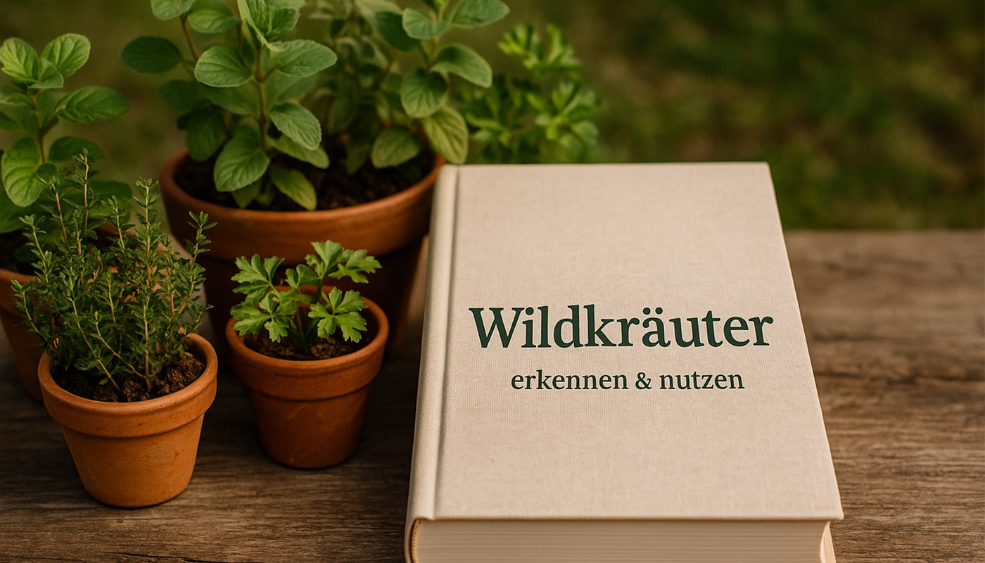 Buch über Wildkräuter neben frischen Kräutertöpfen