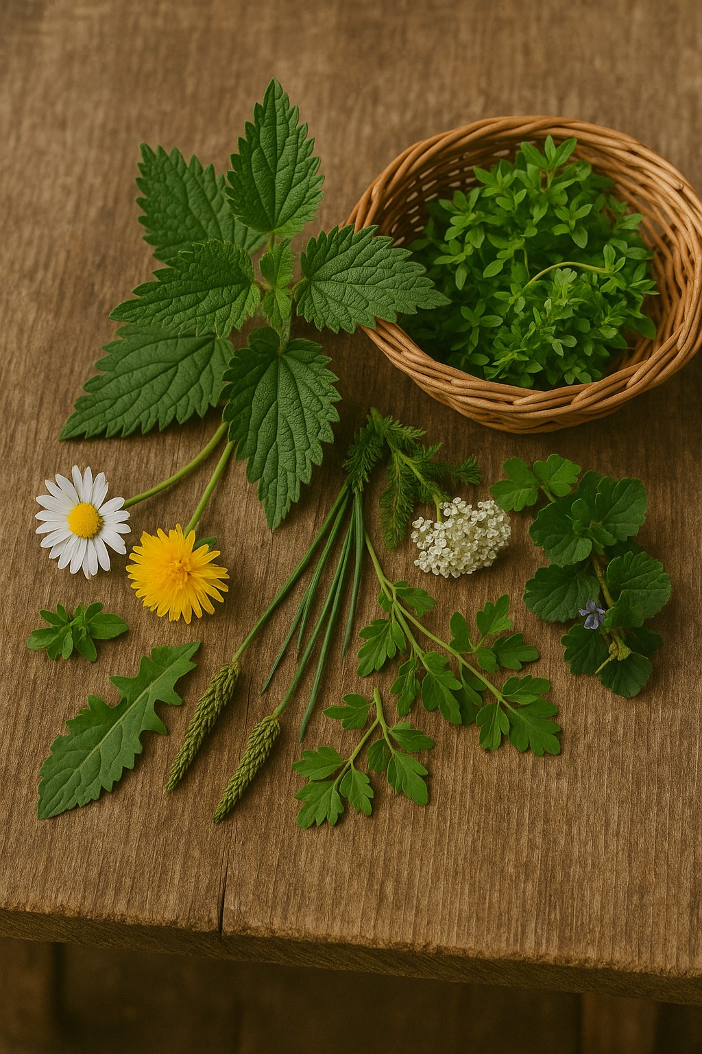 Frische Wildkräuter auf rustikalem Holztisch
