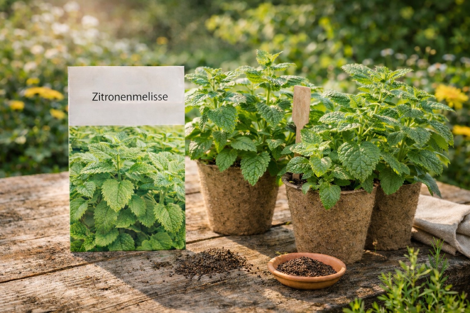 Samentütchen und junge Zitronenmelissenpflanzen im Topf