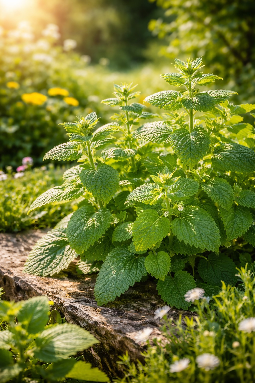 Frische Zitronenmelisse im Garten mit hellgrünen Blättern