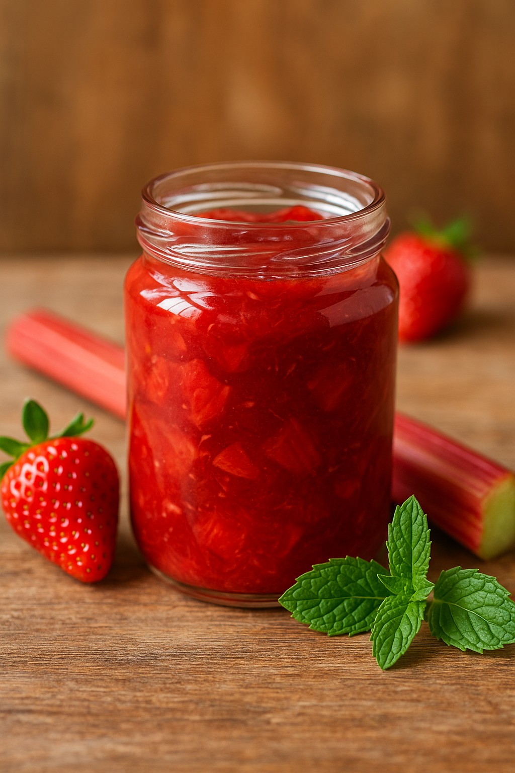 Selbstgemachte Erdbeer-Rhabarber-Marmelade in Gläsern mit frischer Minze