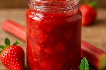 Selbstgemachte Erdbeer-Rhabarber-Marmelade in Gläsern mit frischer Minze