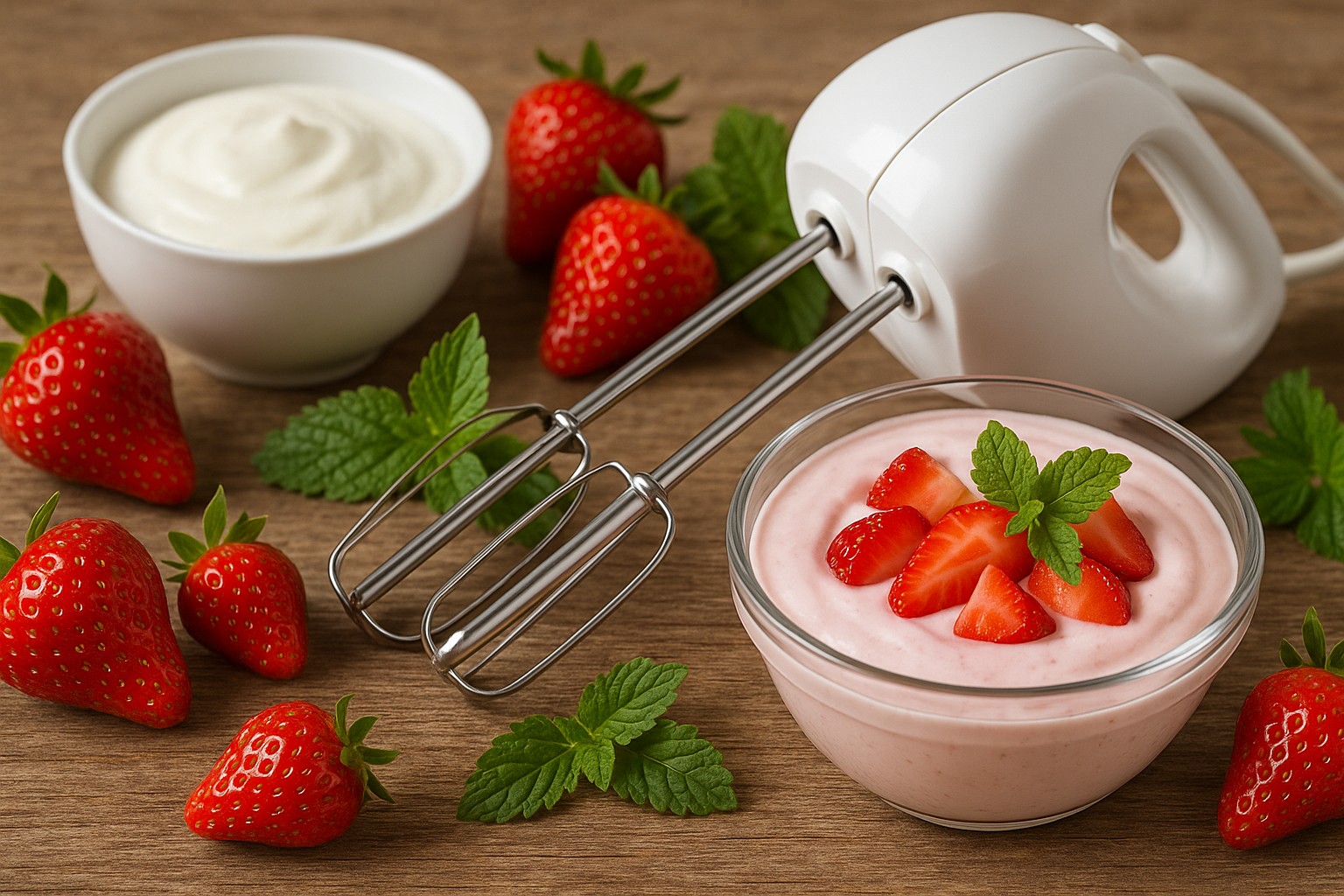 Ein Handmixer steht auf einer Küchenarbeitsfläche neben Schüssel und Erdbeeren