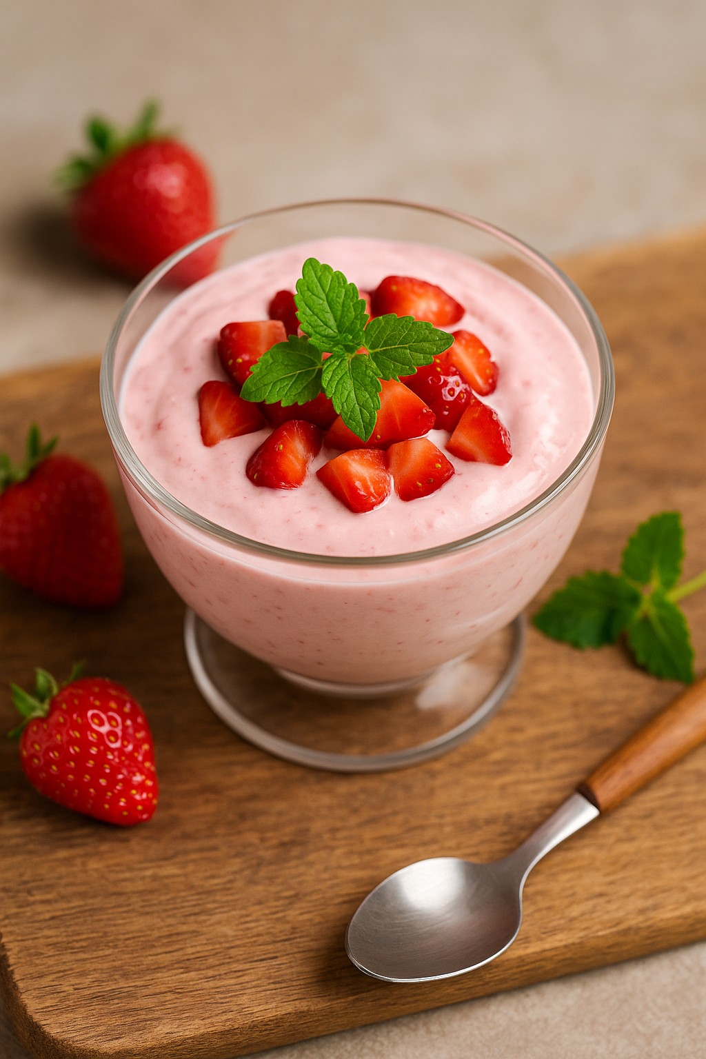 Erdbeerquark mit frischen Erdbeeren und Zitronenmelisse in Dessertgläsern