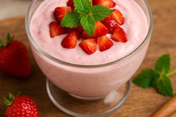 Erdbeerquark mit frischen Erdbeeren und Zitronenmelisse in Dessertgläsern