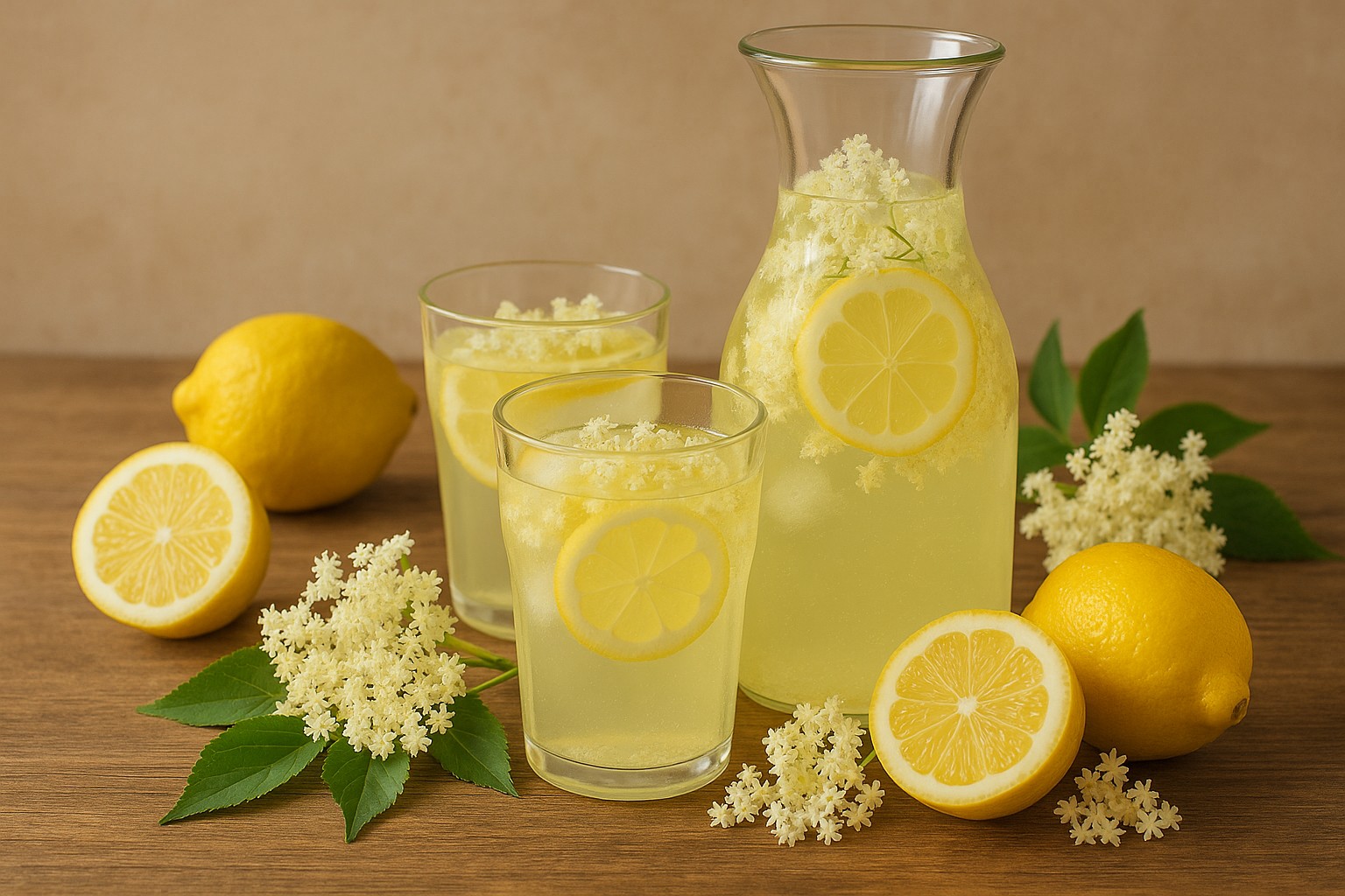 Eine elegante Glaskaraffe auf einem Holztisch, gefüllt mit frischer Limonade und Zitronenscheiben