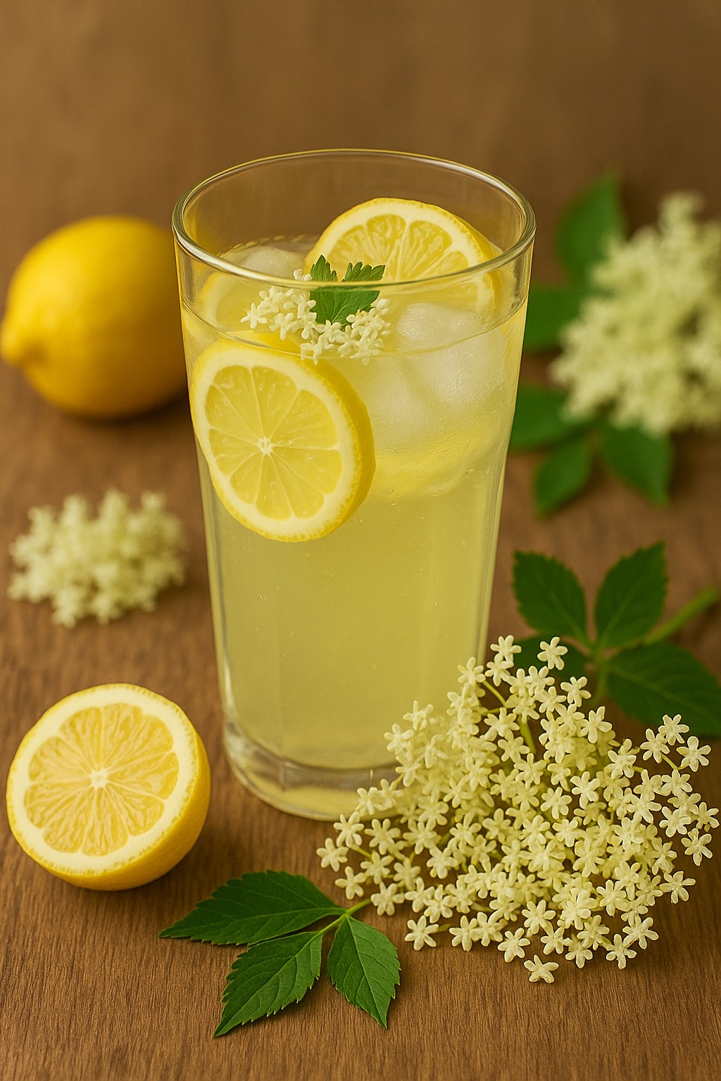 Eine Glaskaraffe mit frischer Holunderblüten-Limonade, Zitronenscheiben und Eiswürfeln