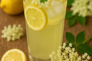 Eine Glaskaraffe mit frischer Holunderblüten-Limonade, Zitronenscheiben und Eiswürfeln
