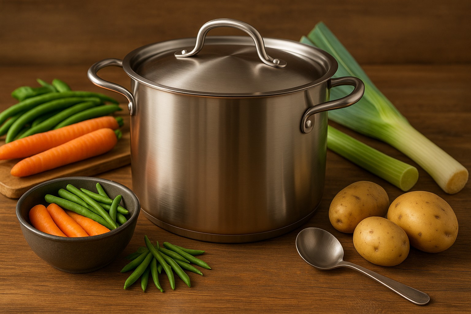 Ein großer Edelstahltopf für Suppe auf einer Küchenarbeitsfläche