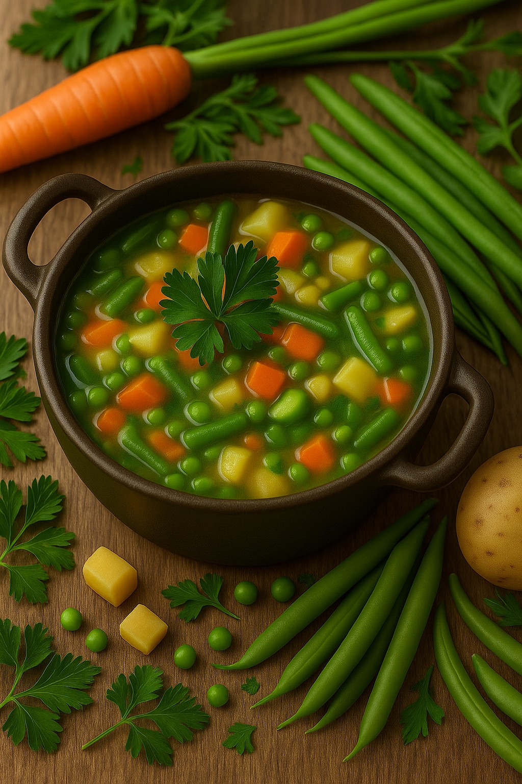 Bunte Gemüsesuppe mit Kartoffeln, Möhren, Bohnen, Erbsen und Zucchini in einer Schale