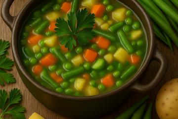 Bunte Gemüsesuppe mit Kartoffeln, Möhren, Bohnen, Erbsen und Zucchini in einer Schale