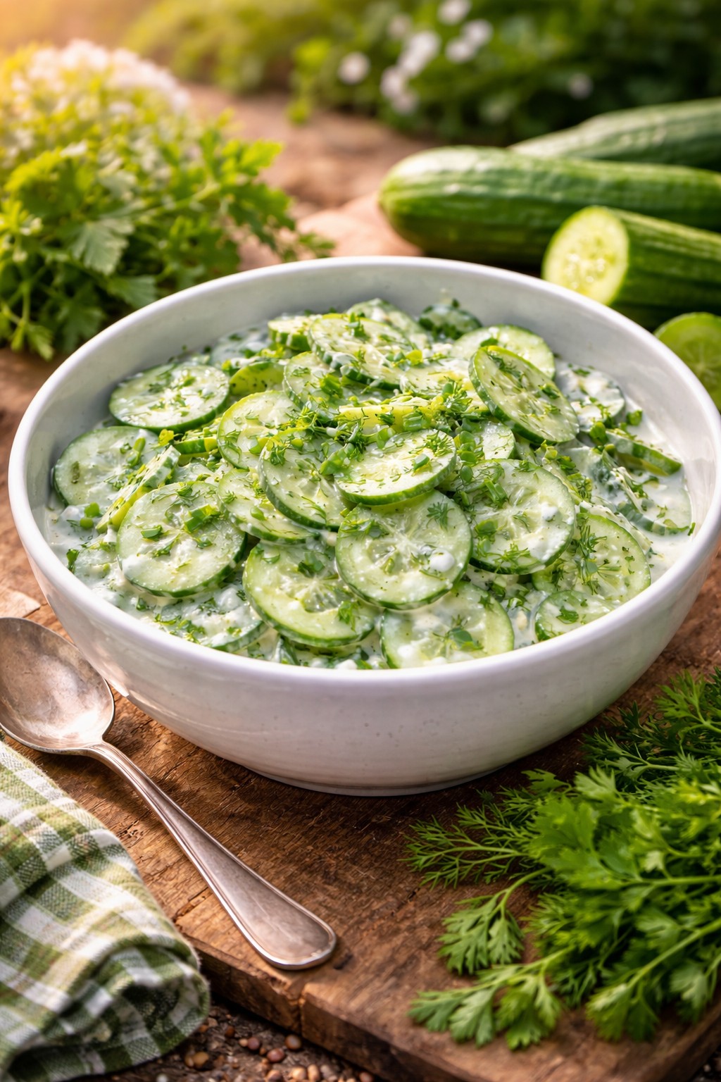 Frischer Gurkensalat mit Joghurt und Kräutern in einer Schüssel