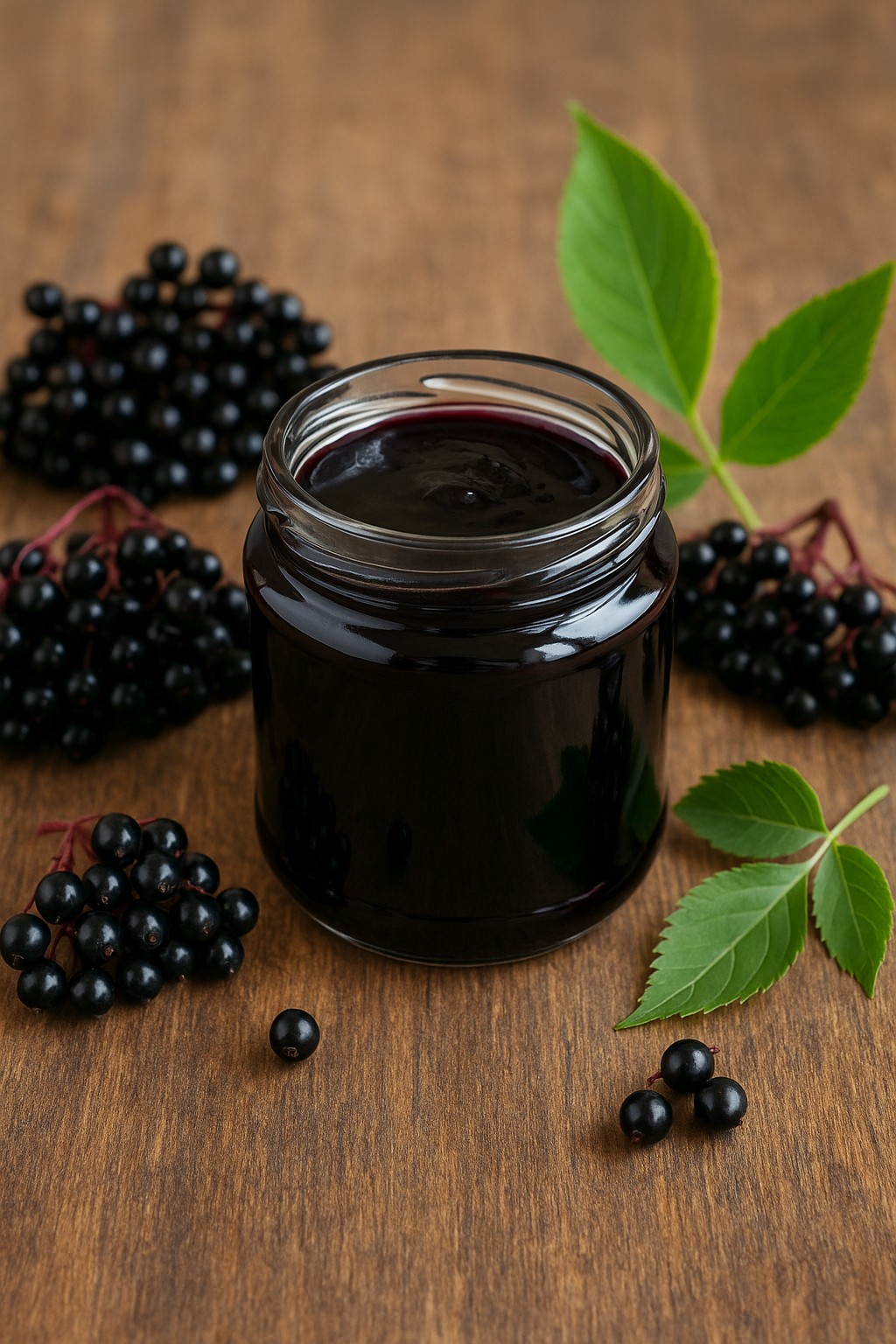 Selbstgemachtes Holunderbeeren-Gelee in Gläsern mit frischen Beerenzweigen