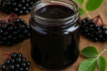 Selbstgemachtes Holunderbeeren-Gelee in Gläsern mit frischen Beerenzweigen