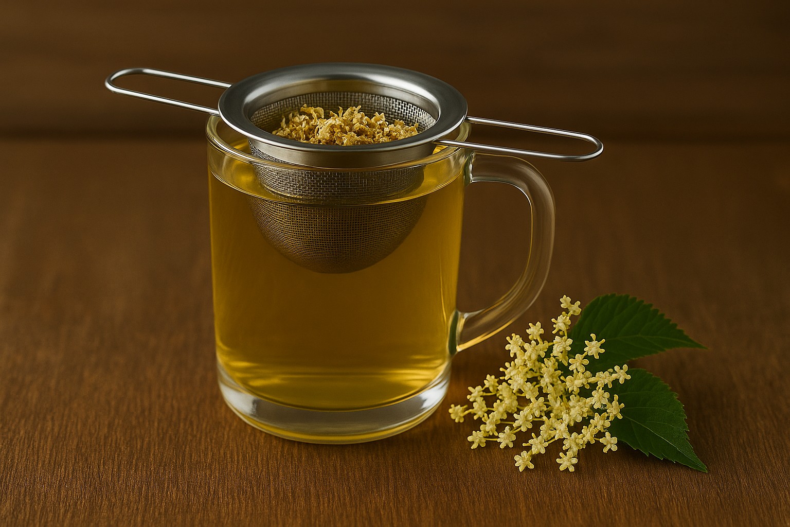 Ein feines Teesieb liegt neben einer Teetasse mit Holunderblütentee