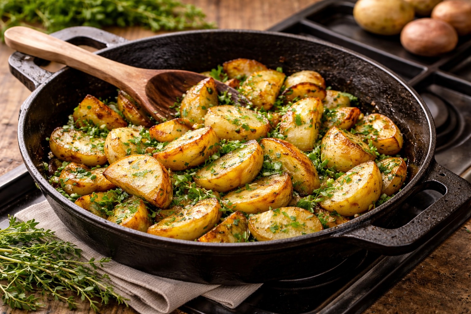 Große Bratpfanne auf einem Herd mit Holzlöffel