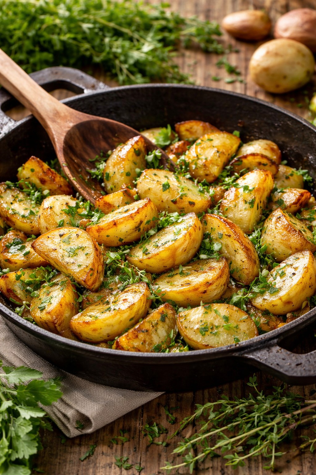 Goldbraune Kartoffelpfanne mit frischen Gartenkräutern in einer Pfanne