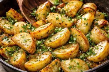 Goldbraune Kartoffelpfanne mit frischen Gartenkräutern in einer Pfanne