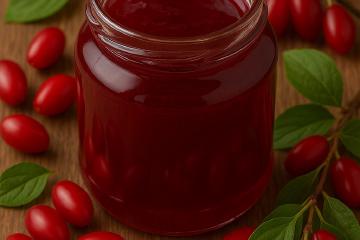Selbstgemachtes Kornelkirschen-Gelee in Gläsern mit frischen roten Früchten