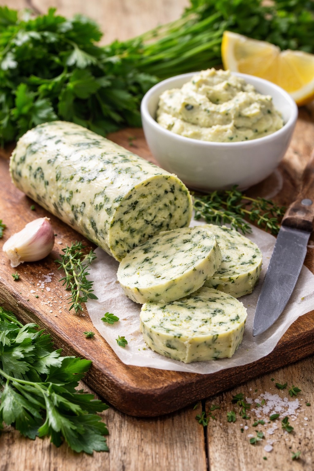 Selbstgemachte Kräuterbutter mit frischen Gartenkräutern auf einem Holzbrett