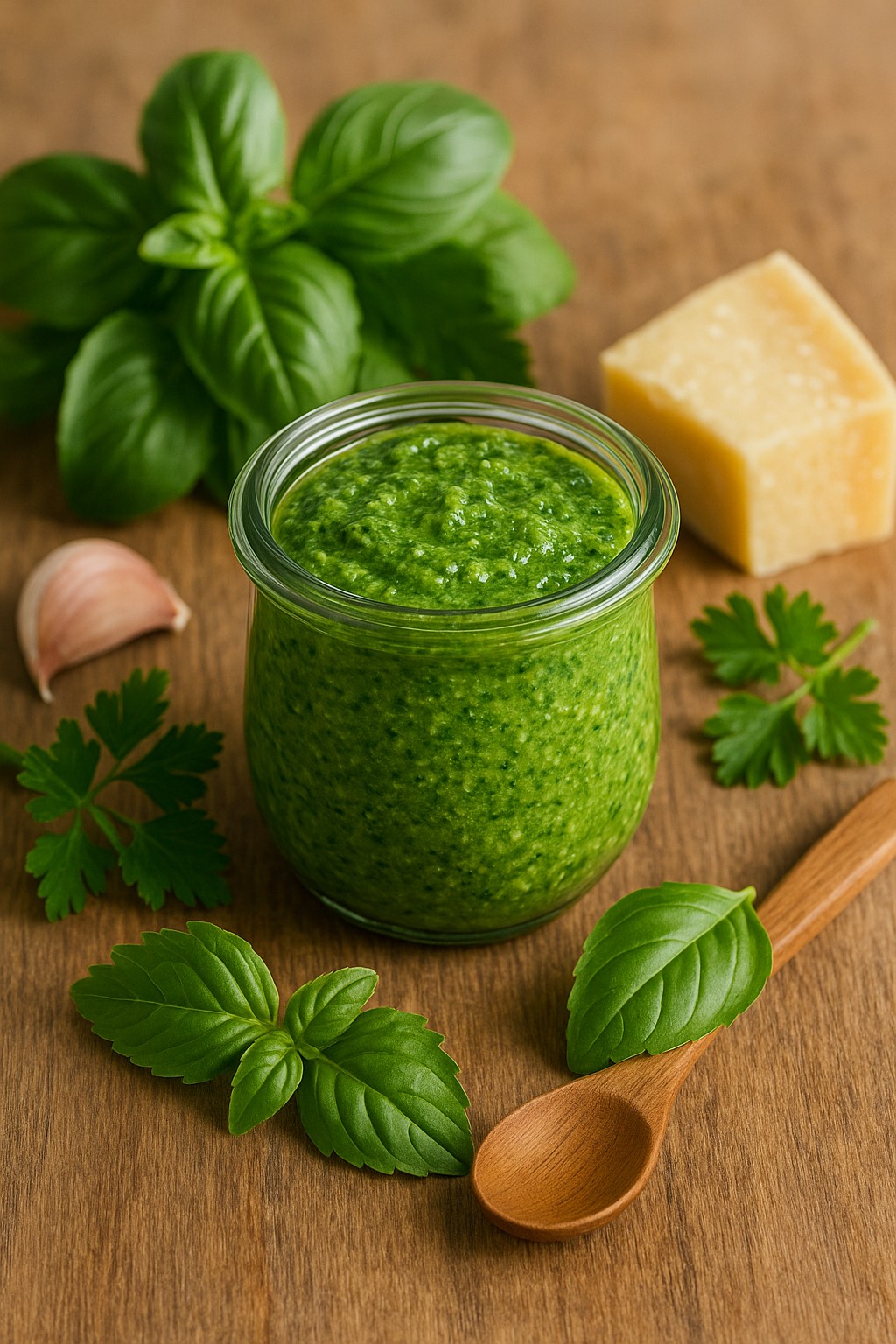 Frisch zubereitetes Kräuterpesto in einem Glas mit Kräutern und Olivenöl
