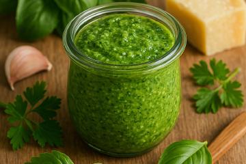 Frisch zubereitetes Kräuterpesto in einem Glas mit Kräutern und Olivenöl