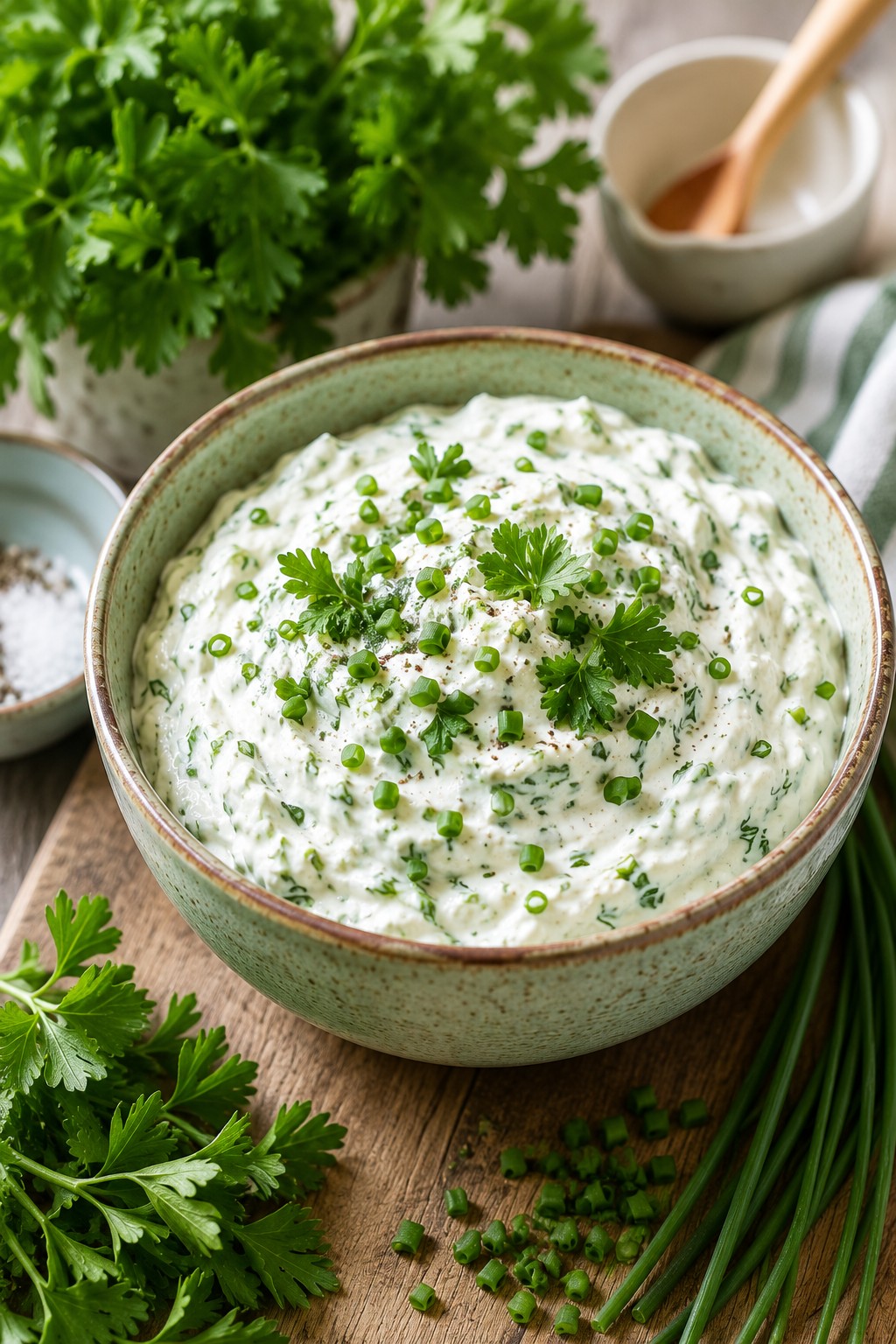 Frischer Kräuterquark mit Schnittlauch und Petersilie in einer Schüssel