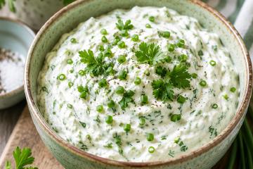 Frischer Kräuterquark mit Schnittlauch und Petersilie in einer Schüssel