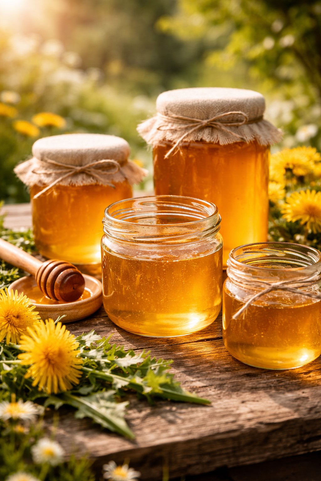 Selbstgemachter Löwenzahn-Sirup in Gläsern mit frischen Blüten