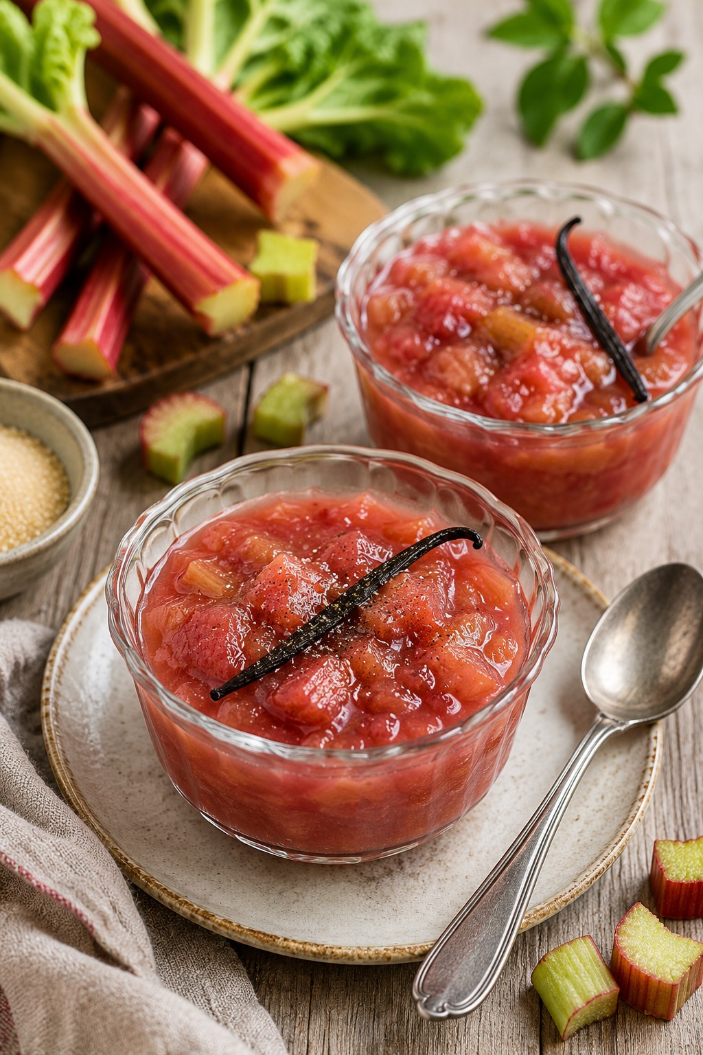 Rhabarberkompott mit Vanille in kleinen Dessertschalen