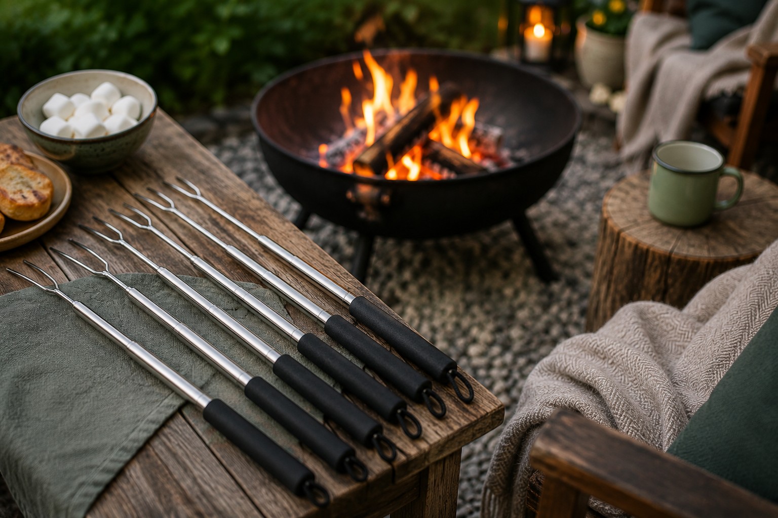Teleskop-Grillspieße neben einer Feuerschale im Garten