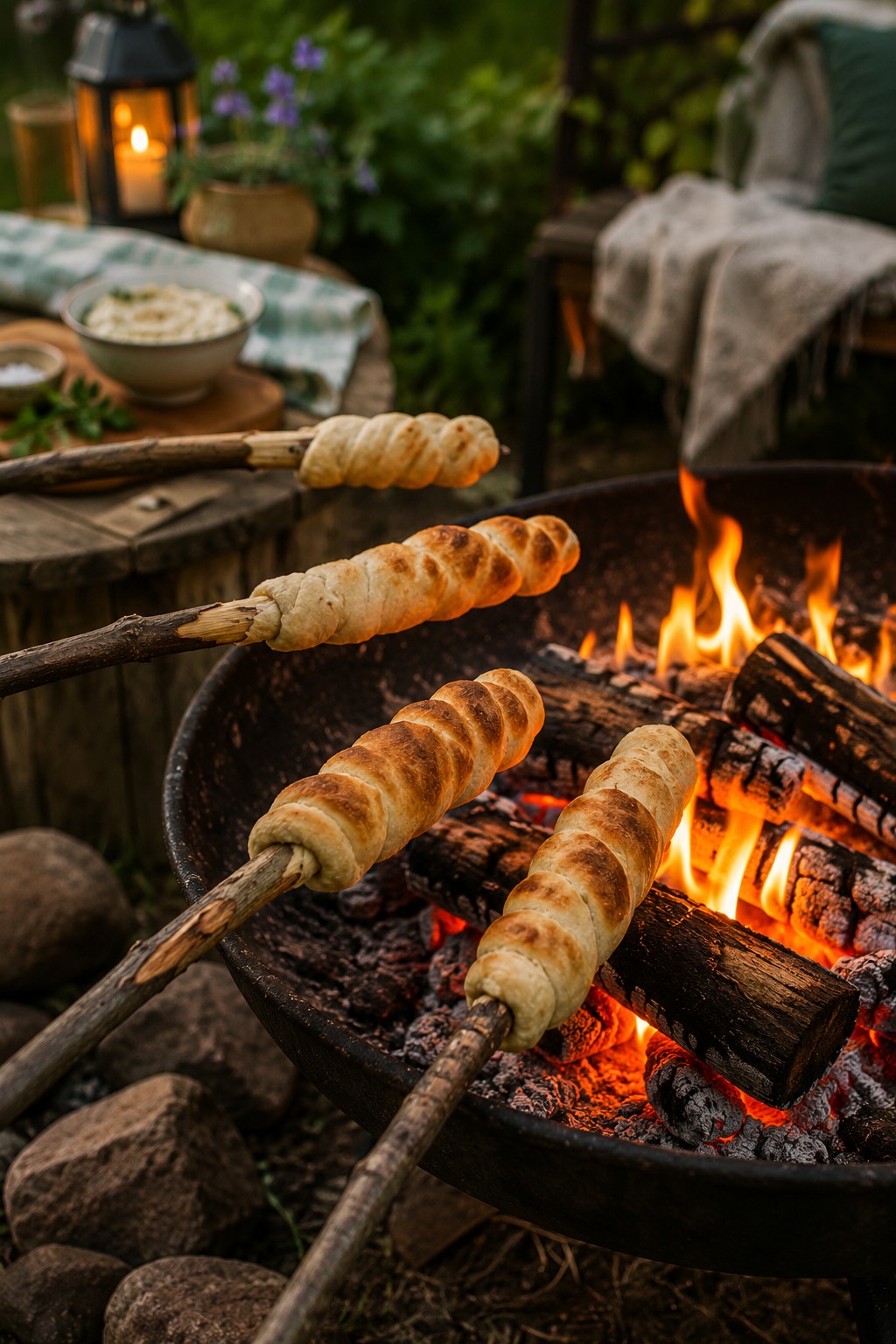 Frisch gebackenes Stockbrot am Lagerfeuer im Garten