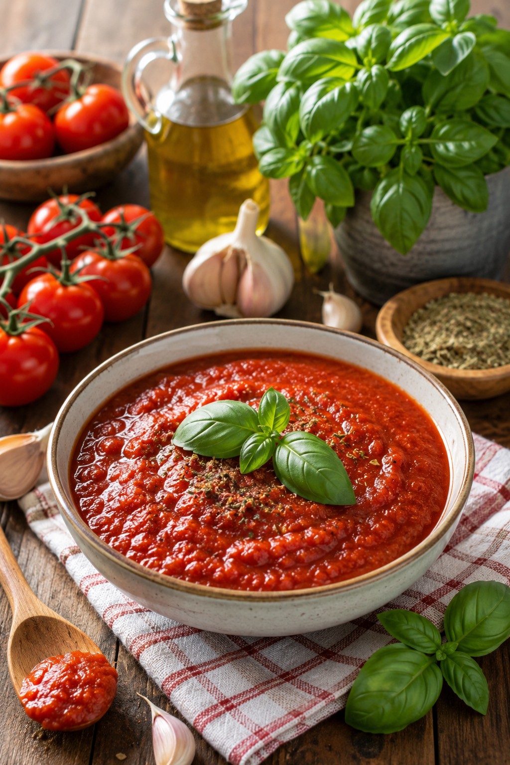 Hausgemachte Tomatensauce aus frischen Gartentomaten in einer Schüssel