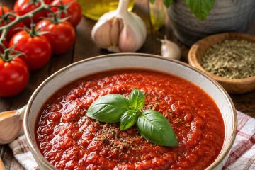 Hausgemachte Tomatensauce aus frischen Gartentomaten in einer Schüssel